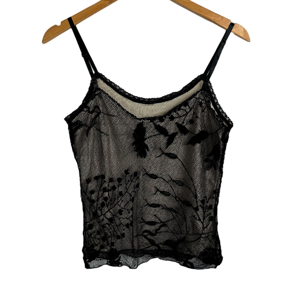 Vintage Y2K Black Lace Mesh Overlay Cami Tank Top Sz Medium - Picture 2 of 13